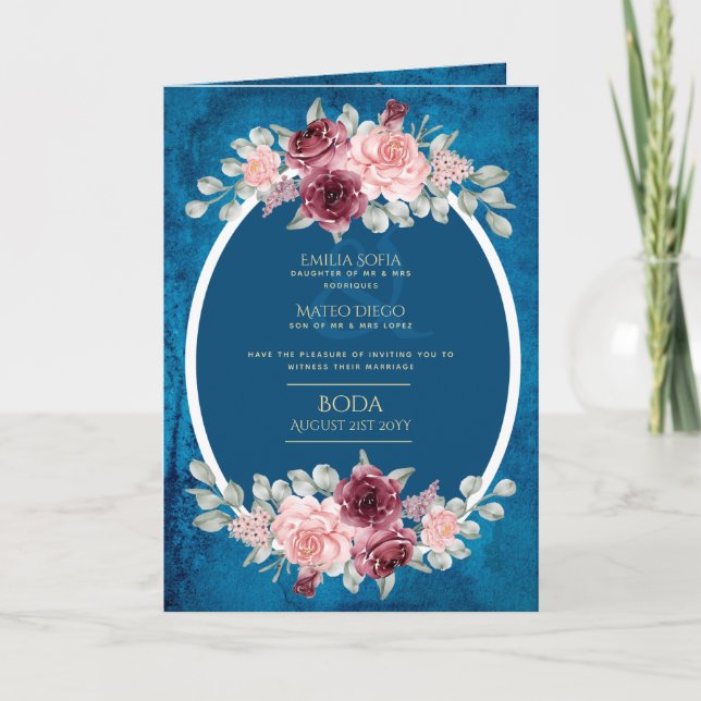 4 pg Espagnol BODA Invitations Turquoise Bleu Bour (Devant)