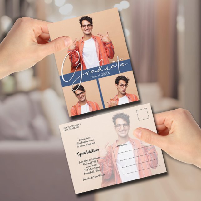 4 Photo Blue Graduation Party Invitation (4 Photo Blue Graduation Party Invitation Postcard)