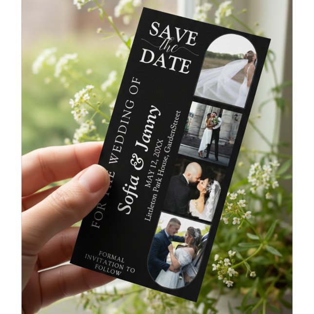 4 Photo Booth Style Wedding Save the Date Bookmark (4 Photo Booth Style Wedding Save the Date Bookmark – Fun Arch Black Design)