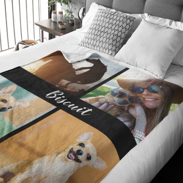 4 Photo Collage Couverture de chien avec noir | (Capture precious pet moments with our Modern Pet Photo Collage Fleece Blanket. )