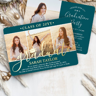 4 Photo Graduation Party Teal White and Gold Folieneinladung