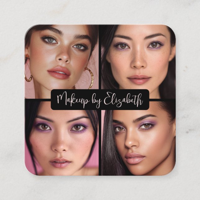 4 Photo Makeup Blush Pink Script Black QR Code Quadratische Visitenkarte (Vorderseite)