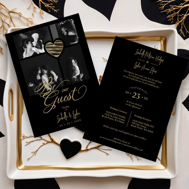 4 Photos Heart Fake Golden Black Trendy  Einladung (Exquisite Collage 4 Photos Golden Stylish Heart Black Wedding Invitations Card with Elegant Script.)