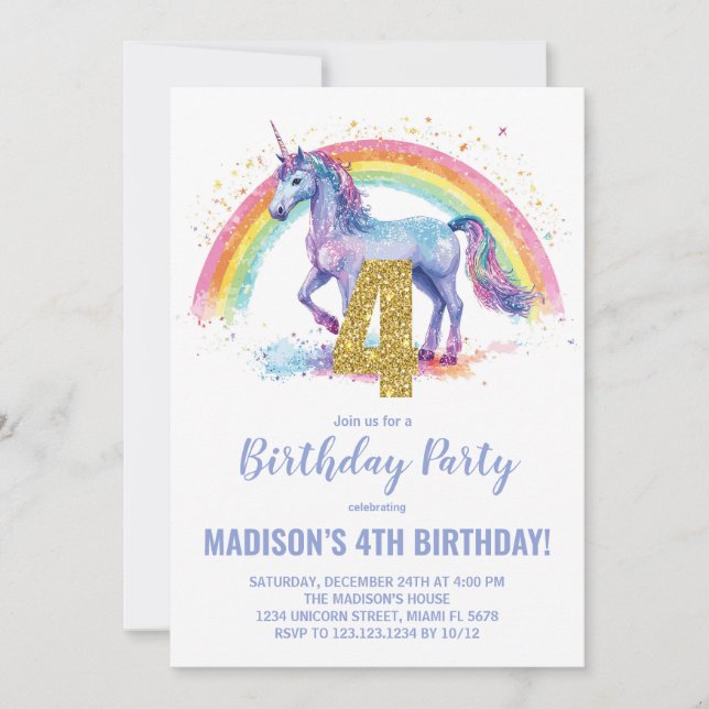 4. Rainbow Unicorn Geburtstag Einladungen (Vorderseite)