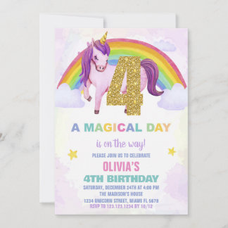 4. Rainbow Unicorn Geburtstag Einladungen Cloud