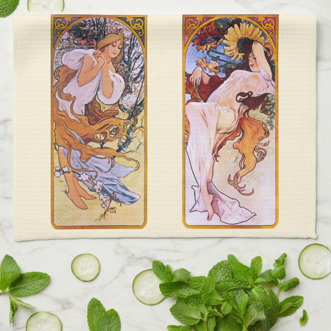 4 Saisons von Alphonse Mucha, Vintager Jugendstil Geschirrtuch (Gefaltet)