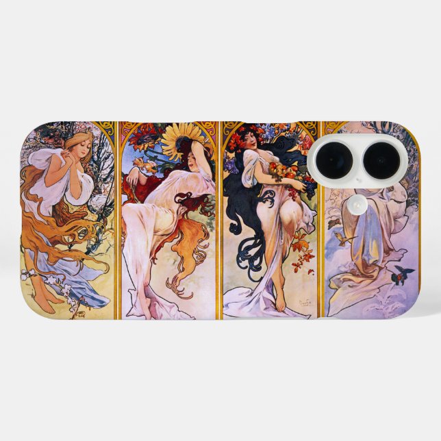 4 Saisons von Alphonse Mucha, Vintager Jugendstil iPhone 16 Hülle (Rückseite (Horizontal))