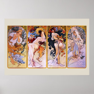 4 Saisons von Alphonse Mucha, Vintager Jugendstil Poster