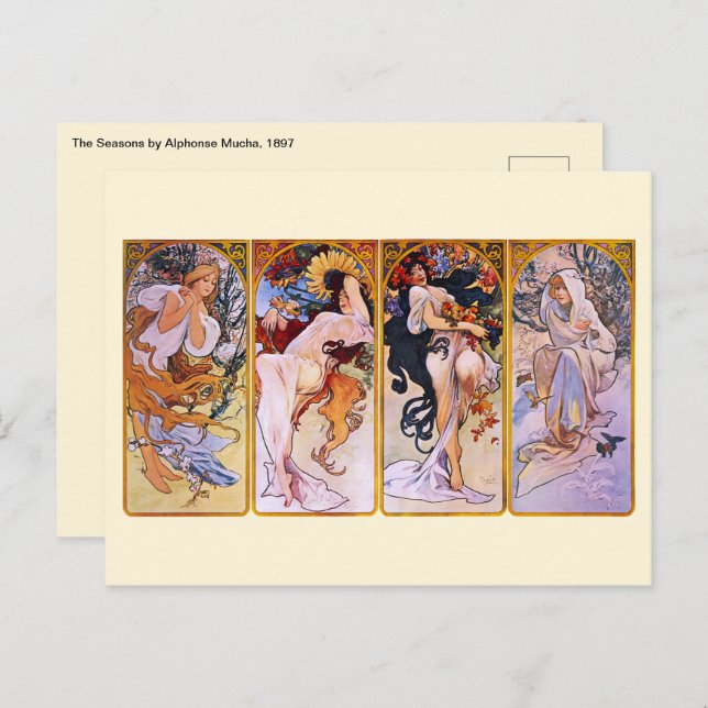 4 Saisons von Alphonse Mucha, Vintager Jugendstil Postkarte (Vorne/Hinten)