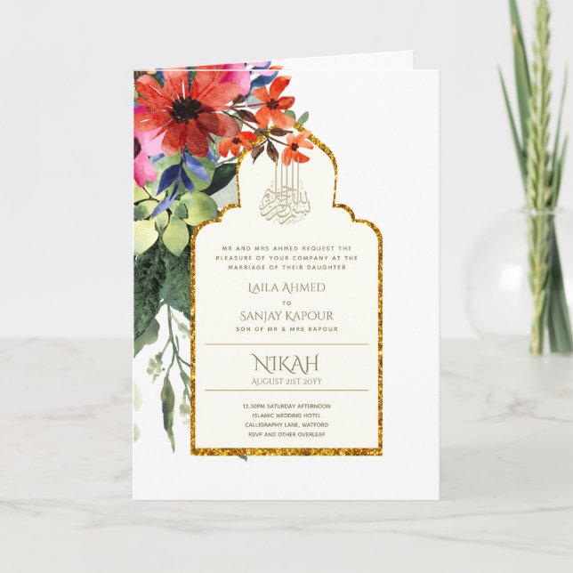 4 Seite NIKAH WALIMA Invite Red Floral Islamic Wed Karte (Vorderseite)