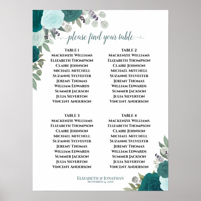 4 Tabelle Aquamarine Rose Elegante Hochzeitssessen Poster (Vorne)