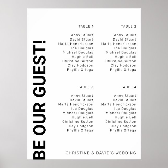 4 Tabelle Einfache White Wedding Chart Poster (Vorne)
