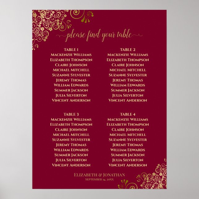 4 Tabelle Elegantes Gold & Burgund Seating Chart Poster (Vorne)