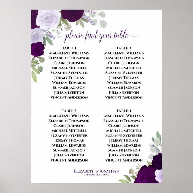 4 Tabelle Lila Rose Elegante Hochzeitssessendiagra Poster (Vorne)