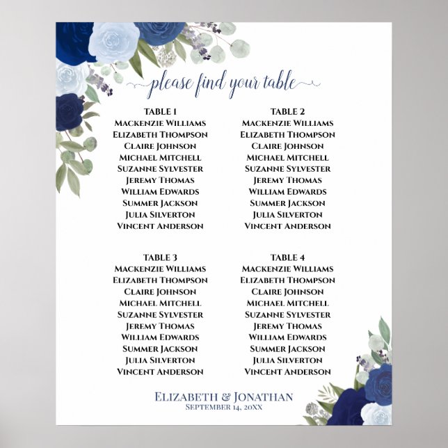 4 Table Blue Boho Floral Wedding Chart Poster (Vorne)