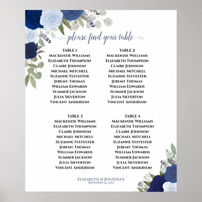 4 Table Blue Boho Floral Wedding Chart Poster (Vorne)
