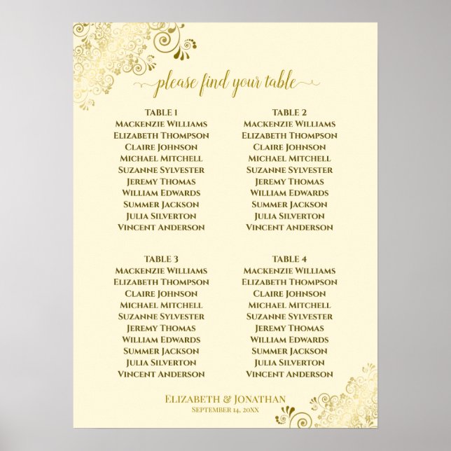 4 Table Gold Frills Hochzeitsdiagramm Creme Poster (Vorne)