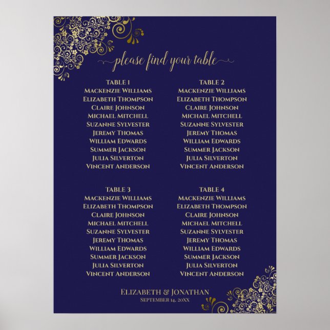 4 Table Lacy Gold Hochzeitskarte Navy Blue Poster (Vorne)