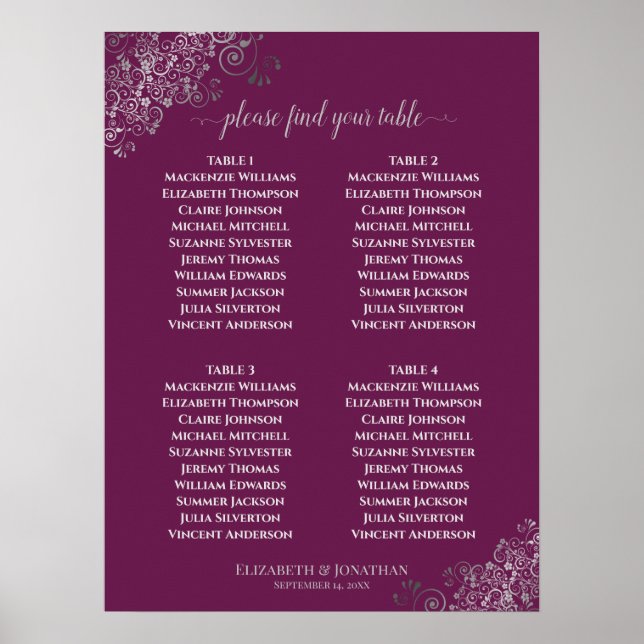 4 Table Lacy Gray Wedding Seating Chart Cassis Poster (Vorne)