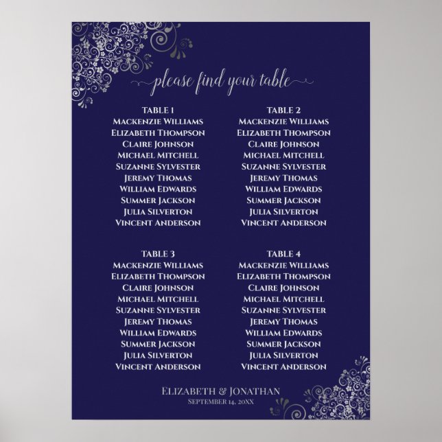 4 Table Lacy Gray Wedding Seating Chart Navy Blue Poster (Vorne)