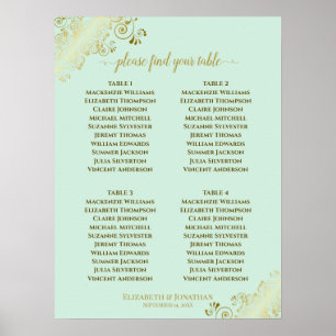 4 Table Neo Mint Green Wedding Seating Chart Gold Poster