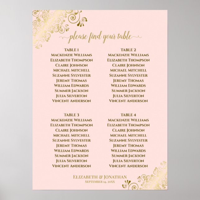 4 Tableau Blush Pink & Gold Mariage Tableau de siè (Devant)