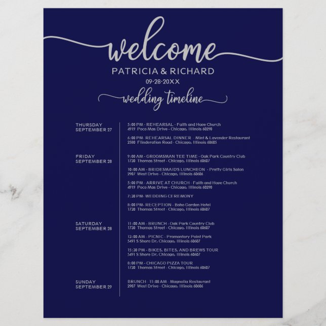 4 Tage Hochzeitreise Timeline Navy Blue Silver (Vorderseite)