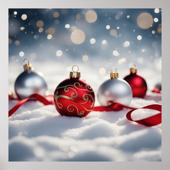 4 Weihnachtsbaubles im Schnee Poster (Vorne)