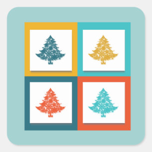 4 Weihnachtsbäume Retro-Design Quadratischer Aufkleber