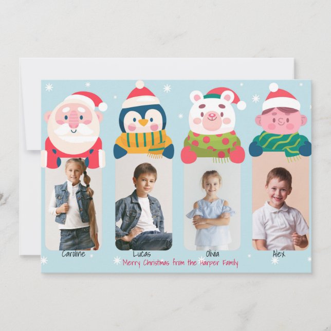 4 Weihnachtscharakter Foto Weihnachtskarte Feiertagskarte (Vorderseite)