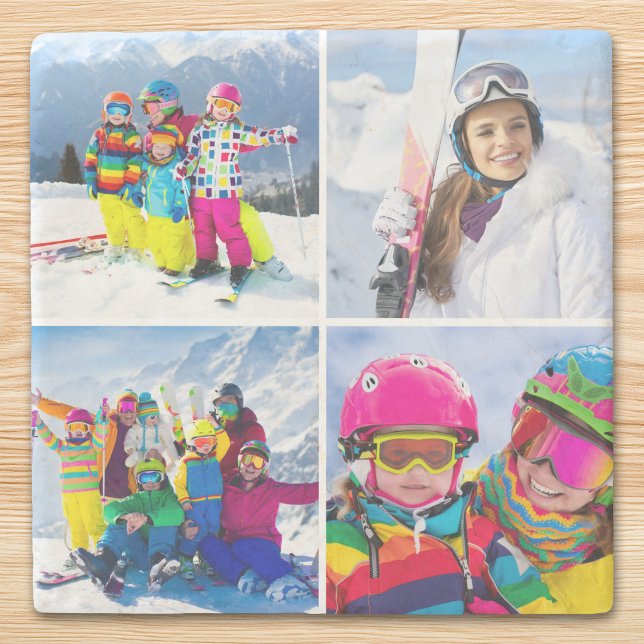4 Winterferien-Foto-Raster-Collage Steinuntersetzer (4 Winter Vacation Photo Grid Collage Stone Coaster)