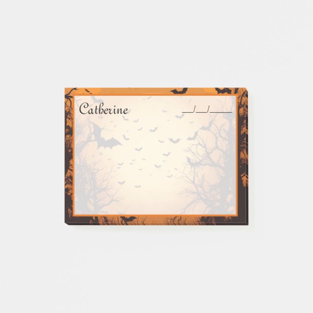 4"x3" Fledermäuse und spukhafte Bäume, orangefarbe Post-it Klebezettel (Vorderseite)