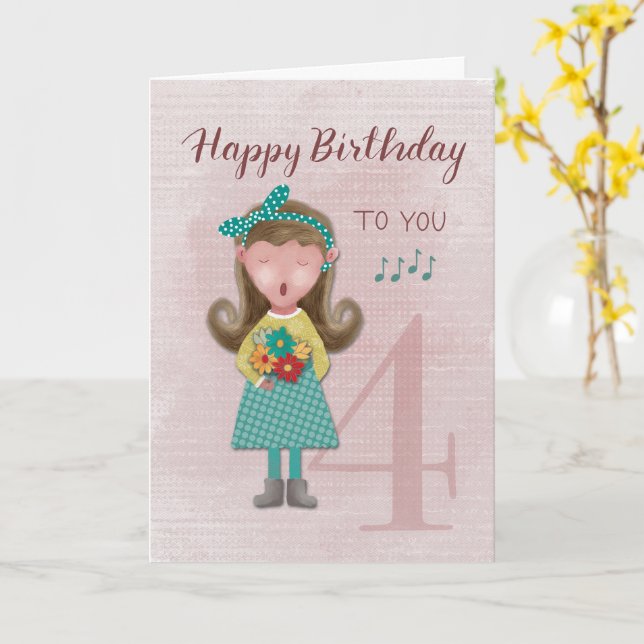 4e Anniversaire fille chanter joyeuse carte d'anni (Fleur jaune)
