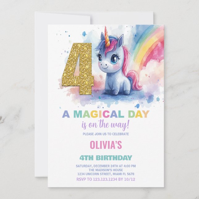 4e anniversaire Unicorn Invitations anniversaire (Devant)