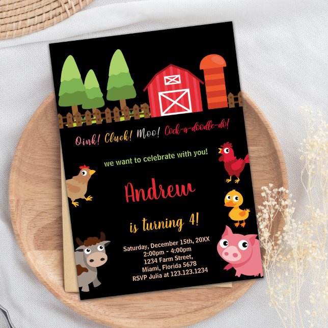 4e Black Red Farm Animaux Invitations d'anniversai (4th Black Red Farm Animals Birthday Invitations)