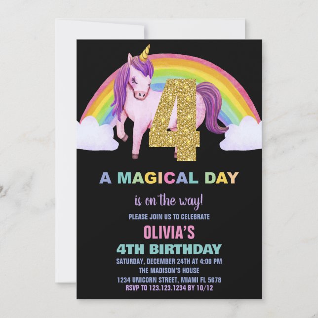 4e Rainbow Unicorn Birthday Invitations Parties sc (Devant)