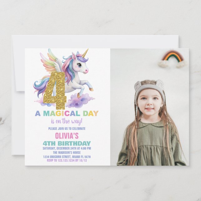 4e Rainbow Unicorn Invitations Anniversaire avec p (Devant)