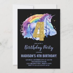 4e Rainbow Unicorn Invitations d'anniversaire