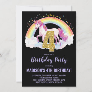 4e Rainbow Unicorn Invitations d'anniversaire