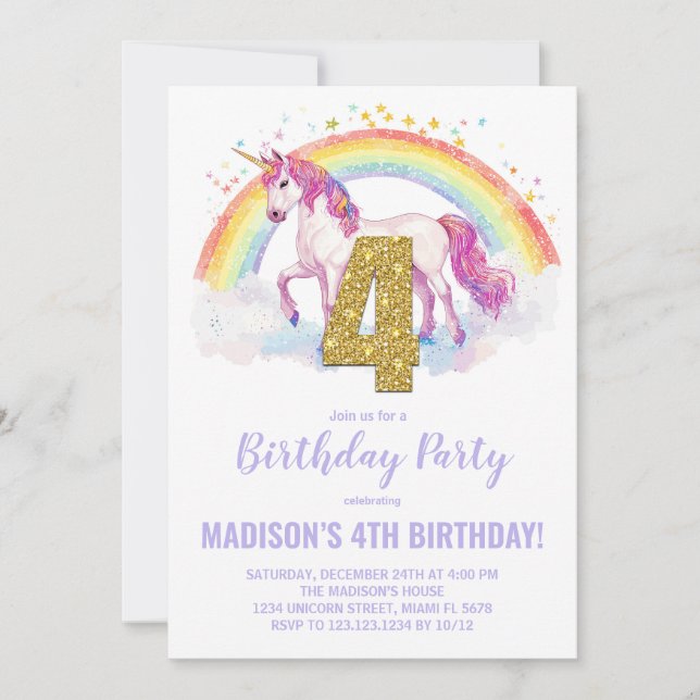 4e Rainbow Unicorn Invitations d'anniversaire (Devant)
