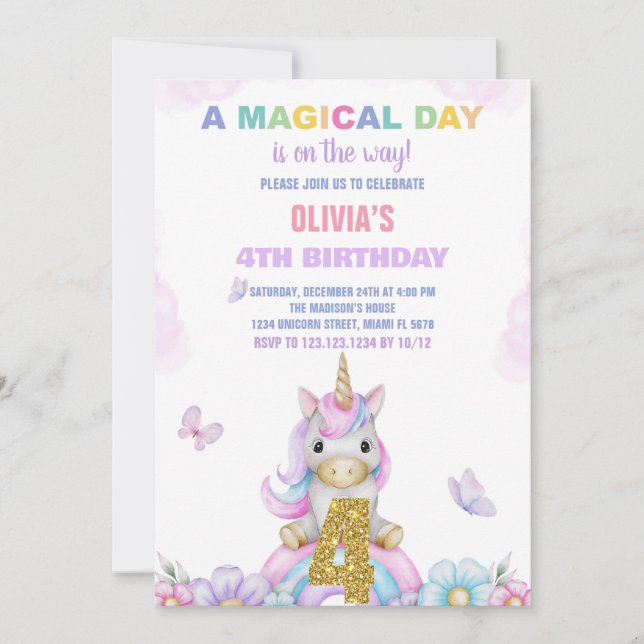 4e Unicorne Florale Invitations d'anniversaire (Devant)