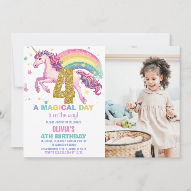 4ème Unicorn Invitations d'anniversaire avec photo (Devant)