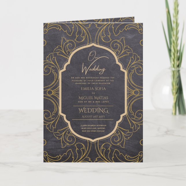 4page Gold Ornate MARIAGE Inviter Programme modern (Devant)
