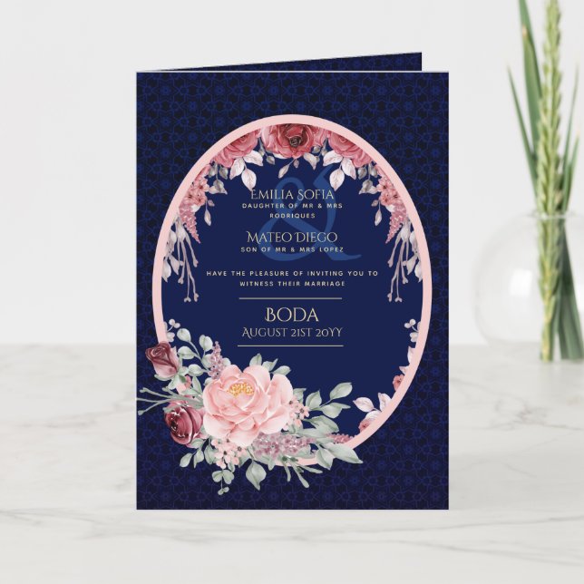 4pg Espagnol BODA Invitations Marine Bleu Bourgogn (Devant)