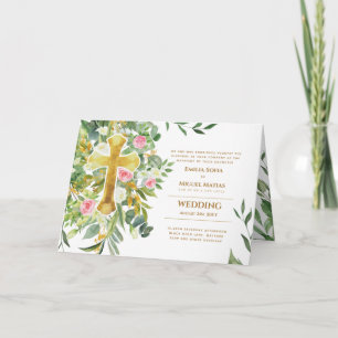 4pg Floral Cross Green Wedenery Wedding Invitation