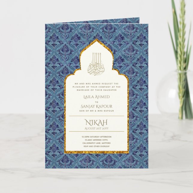 4Pg NIKAH WALIMA Invitation Bleu Ornat islamique (Devant)