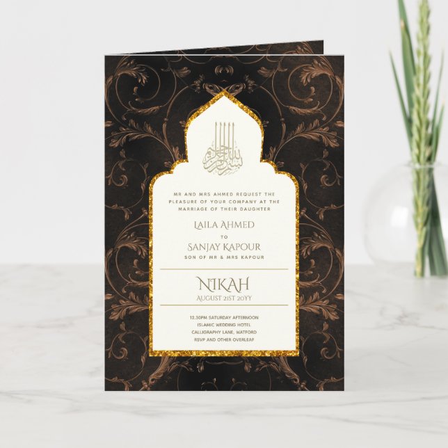 4Pg NIKAH WALIMA Invitation Gold Ornate islamique (Devant)