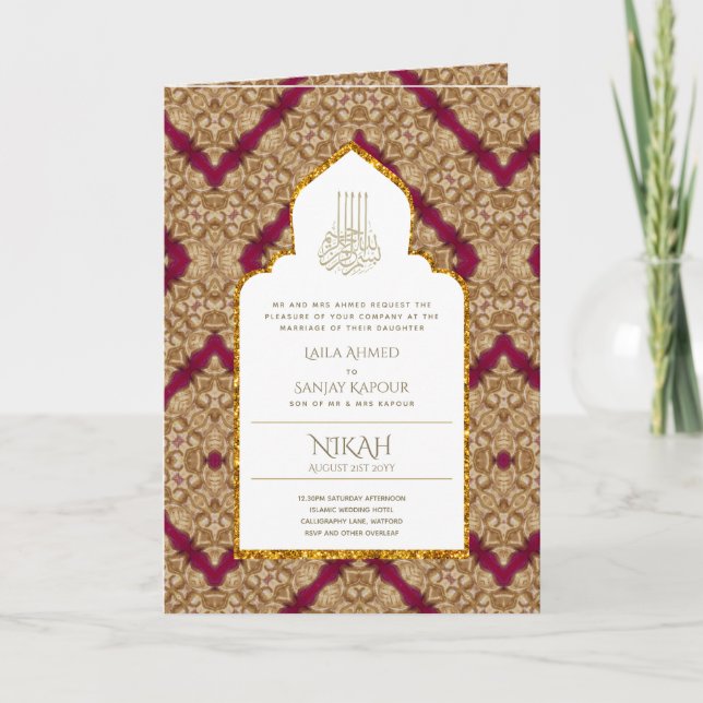 4Pg NIKAH WALIMA Invitation Red Gold Ornate (Devant)