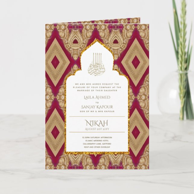 4Pg NIKAH WALIMA Invitation Red Gold Ornate (Devant)