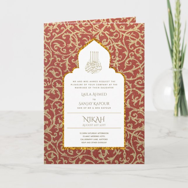 4pg NIKAH WALIMA Invite Red Gold Verziert Karte (Vorderseite)